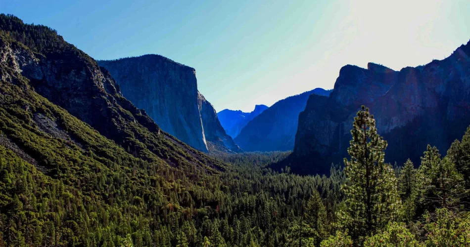 Tunnel View in Yosemite National Park, showcasing a panoramic vista of El Capitan, Half Dome, and Bridalveil Fall.